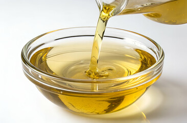 A clear liquid oil is being poured from a glass container into a small, round bowl, showcasing its smooth texture and golden hue.