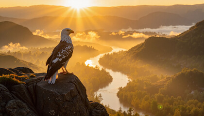 Majestic eagle perched on cliff at sunrise, nature's grandeur