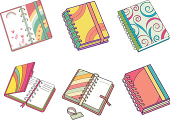 Detailed Spiral Notebook Vector Illustrations. Collection of Colorful Notebook Graphics Representing School Supplies, Office Essentials and Creative Expression for Design Projects.