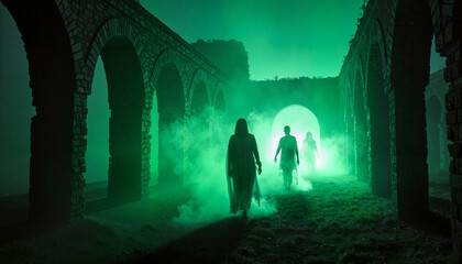 Ghostly figures wandering haunted ruins with eerie green mist, supernatural mystery