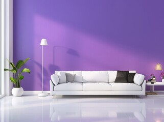 White sofa in a modern living room with a purple wall and natural light