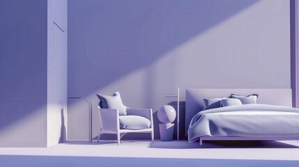 Minimalist bedroom with a bed. a chair. and a globe The room is painted in a soft purple color