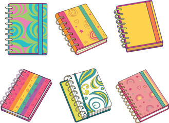 Detailed Spiral Notebook Vector Illustrations. Collection of Colorful Notebook Graphics Representing School Supplies, Office Essentials and Creative Expression for Design Projects.