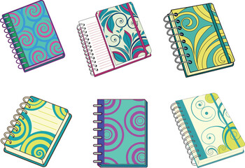 Detailed Spiral Notebook Vector Illustrations. Collection of Colorful Notebook Graphics Representing School Supplies, Office Essentials and Creative Expression for Design Projects.