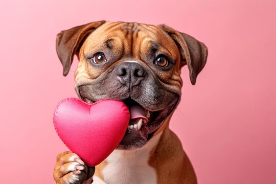 Commercial concept art graphic design idea. Cute boerboel canine with critter toy red heart - sign of love, funny greeting card. Boerboel - my desired dog. Romantic pet valentine's. Pet love.