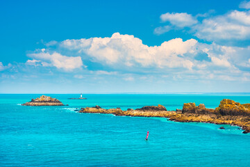 Brittany ocean panorama, islands and lighthouse Pointe du Grouin. Cancale, France
