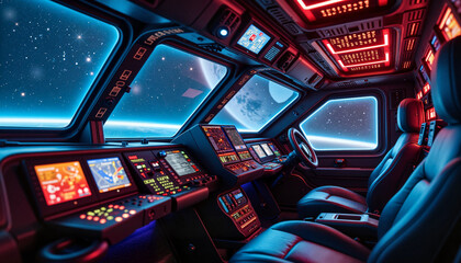 Futuristic spaceship cockpit glowing with neon lights, cosmic exploration © Elenba
