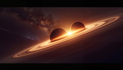 Illuminated binary planets orbiting in space, cosmic wonder © Elenba