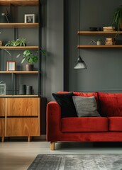 Red velvet sofa with black and grey pillows in modern living room with wooden shelves and dark grey wall