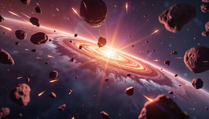 Glowing meteors drifting through asteroid field in deep space, cosmic wonder