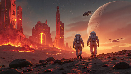 Astronauts exploring alien ruins under a cosmic sky, space adventure © Elenba