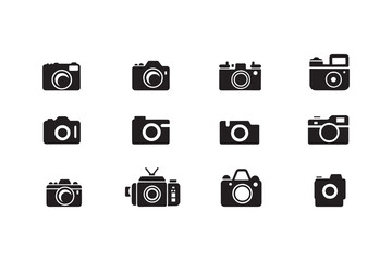 Collection of 12 Black Silhouette Photography and Camera Icons - DSLR, Vintage, and Lens Designs in EPS Vector
