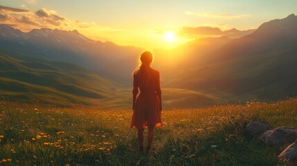 Fototapeta premium Woman in Dress Gazing at Sunset Mountain View