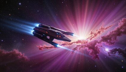 Spaceship exploring glowing nebula with swirling colors, cosmic adventure
