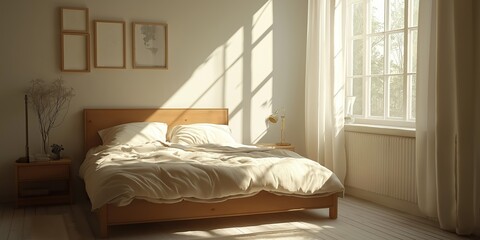 Sunlit bedroom featuring a low wooden bed, soft white bedding, and minimalist decor. Large windows allow natural light to fill the space, highlighting the transitional furniture style