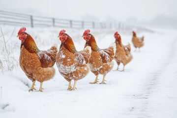 Chickens Walking in Snowy Field