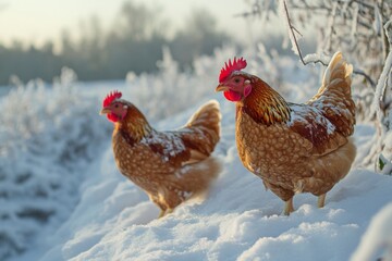 Chickens in Snowy Landscape