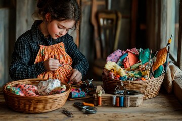 Crafting joy with colorful fabrics and creativity in a rustic workshop