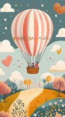 Couple Soaring In Hot Air Balloon Over Autumn Landscape