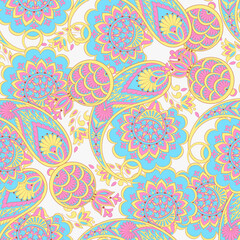 Floral fabric background with paisley ornament. Seamless illustration pattern