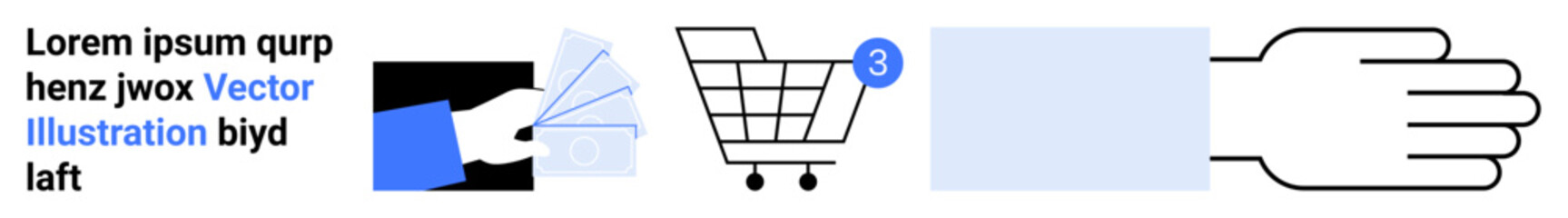 Typography, abstract hand with card, shopping cart with notification, blank rectangle, and hand icon in black and blue. Ideal for e-commerce, online shopping, transactions, purchases, notifications