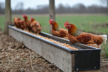 Fototapeta premium Chickens Feeding Outdoors in Rural Setting