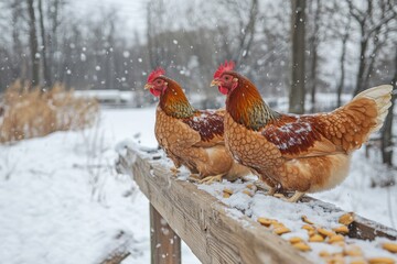 Fototapeta premium Chickens in Winter Snowy Farm Scene