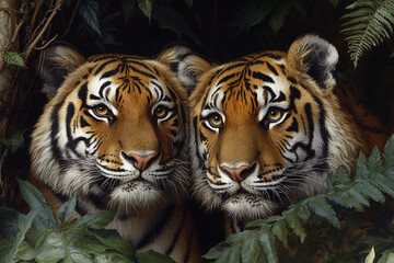 Fototapeta premium Two Majestic Tigers Hidden In Lush Foliage