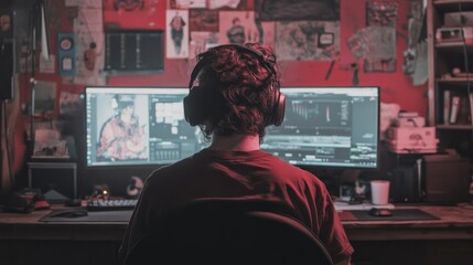 Man with headphones using dual monitors in a vibrant room.