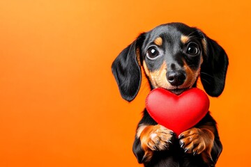 Cute dachshund canine with diamond red heart - sign of love, funny greeting card. Marketing creative picture. Dachshund - my treasured dog. Dog love photography. Pet love. Cute animal love.
