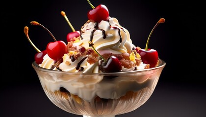exquisite photorealistic side view of a delightful sundae with toppings and cherries in a glass dish