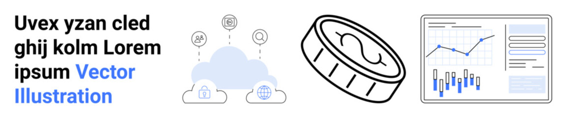 Cloud network with connection icons, a coin, and a data analytics chart with graph bars. Ideal for fintech, data science, cloud computing, digital currency, business analytics, tech solutions