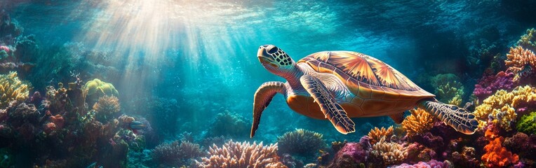 Fototapeta premium A sea turtle swims gracefully near a colorful coral reef, illuminated by beams of sunlight penetrating the clear water. The tranquil underwater environment showcases marine beauty