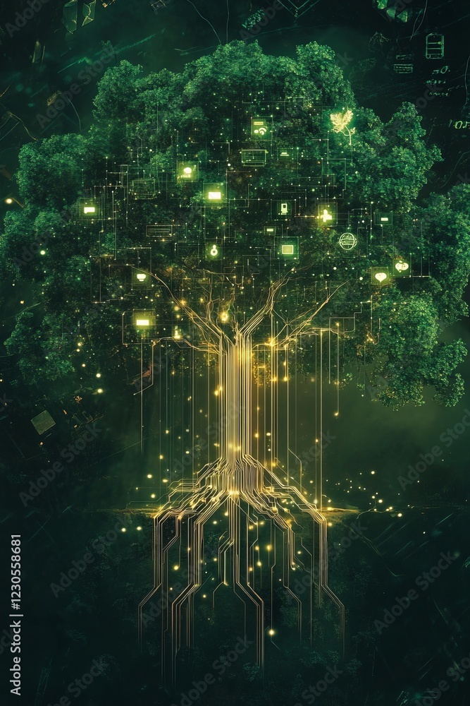 Poster a digital tree with glowing circuitry roots, representing the fusion of technology and nature in a f