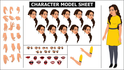Indian Girl, woman, old woman Character Design Model Sheet with walk cycle animation. Girl Character design. eyes blink with eye brows expressions and lip sync. Hands poses ready to use for animation.