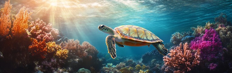 Obraz premium A sea turtle swims effortlessly near a colorful coral reef, sunlight dances through the water, enhancing the vibrant hues of marine life. A tranquil moment in nature’s beauty captured underwater