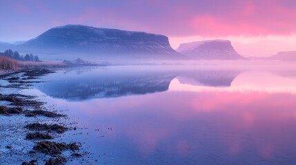 Fototapeta premium Serene Icelandic landscape at sunrise with mountains and calm water