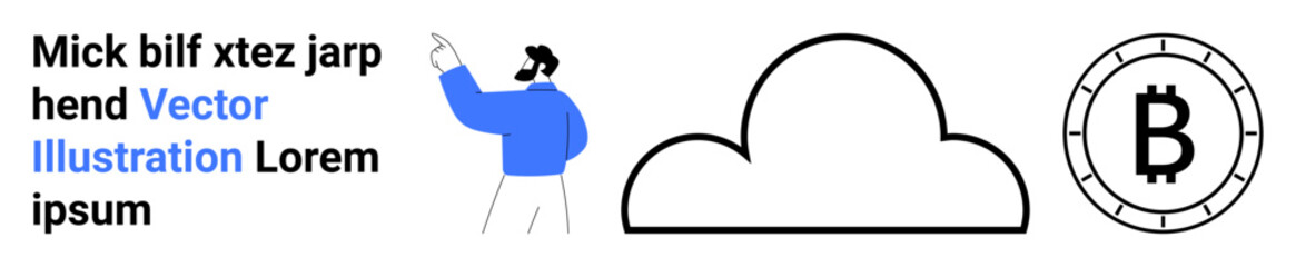 Person pointing, stylized cloud, Bitcoin symbol, and text elements. Ideal for business, technology, cloud computing, finance, cryptocurrency, presentations, marketing, digital content. Landing page