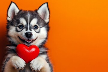 Fototapeta premium Cute alaskan malamute pooch with furry friend animal toy red heart - emblem of love, funny greeting card. Alaskan malamute - my desired dog. Digital ads concept art. Red heart decorations.