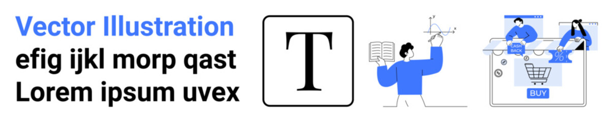 Text blocks and illustrations include a capital T, a person pointing at a clipboard, and people interacting with e-commerce platform. Ideal for educational materials, e-commerce, online learning