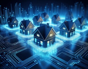 a digital representation of homes on a circuit board symbolizing the integration of technology and smart living solutions