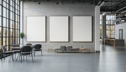 Mockup of an art exhibition space with blank canvases hanging in a modern gallery. Loft- setting