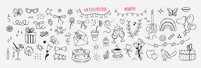 A set of hand drawn simbol  for a party with doodles. bow, dessert, gift, strawberries, balls: isolated elements. of icon sketches for invitation, flyer, poster. Vector art  illustration