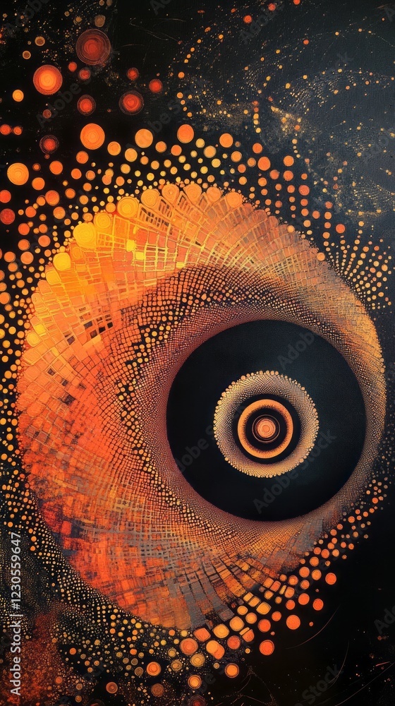 Poster dynamic abstract digital artwork featuring vibrant orange and black circular patterns, creating a me