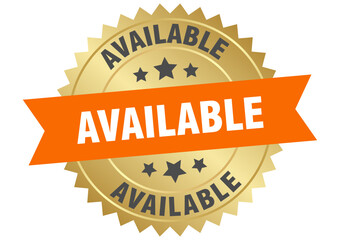 available. available round orange and gold label isolated on transparent background