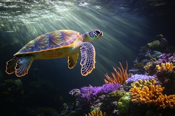 Obraz premium A sea turtle swims gracefully near a colorful coral reef, surrounded by diverse marine life. Sunlight streams through the water's surface, creating a serene atmosphere