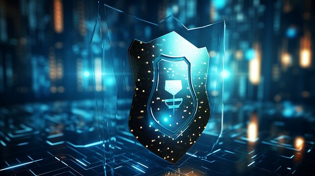 Futuristic Cybersecurity Shield with Digital Encryption.