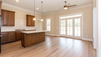 Fototapeta premium Modern kitchen interior featuring wooden cabinet, an island, and large windows with natural light