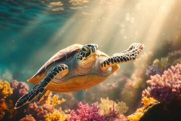Fototapeta premium A sea turtle swims serenely near a vibrant coral reef, with rays of sunlight penetrating the crystal-clear water, illuminating the underwater life and colorful corals