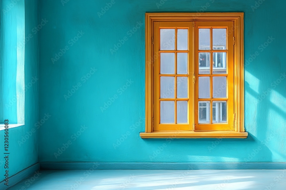 Aufkleber brightly colored empty room with turquoise walls and yellow window design in daylight